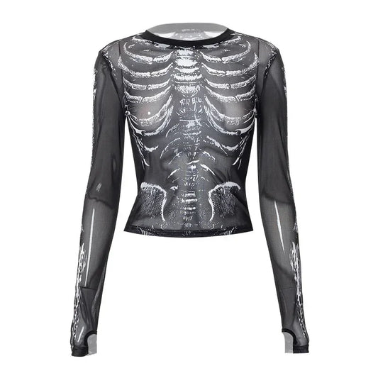 Gothic Punk Shirt 2000s for Women – Skeleton Pattern Round Neck Long Sleeve Crop Top
