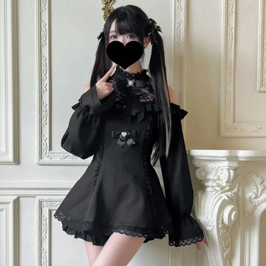 Japanese Gothic Rhinestone Bow Dress & Shorts Set – Lolita Y2K Off-Shoulder Outfit for Women