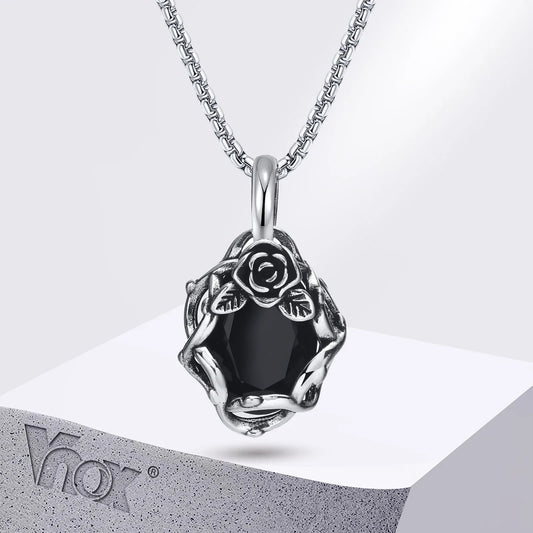 Vnox Goth Black Stone Rose Necklace – Thorn Flower Pendant with Box Chain for Men & Women
