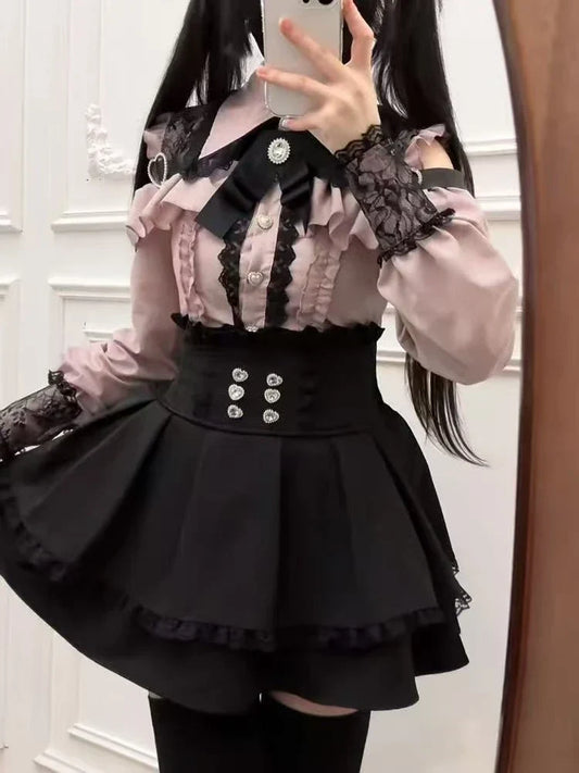 Japanese Lolita Dark Academia Retro 2-Piece Set – Lapel Neck Patchwork Shirt & Y2K High Waist Skirt