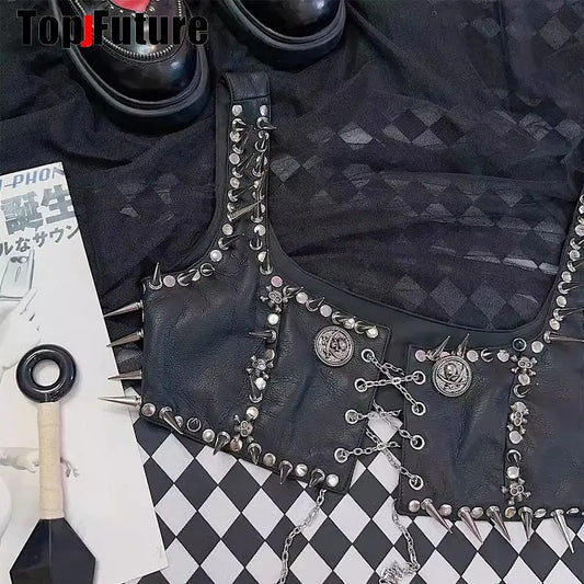 Women’s Gothic Lolita Punk Harajuku Streetwear Y2K Crop Top – Steampunk Belt, Spike Trim & Rivet Skeleton Metal Chain Tank Top