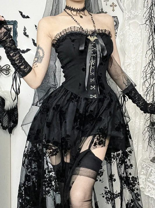 AltGoth Gothic Dark Elegant Dress – Vintage Fairycore Mesh Patchwork Corset Dress for Women