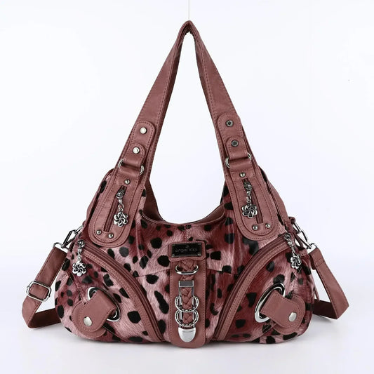 Women’s Vintage Leopard Print Handbag – Punk Biker Shoulder Satchel with Multi-Pockets