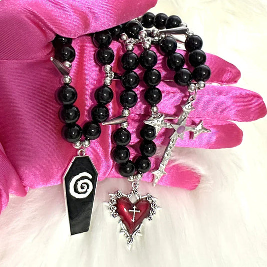 Gothic Jewelry Black Pearl Rivet Cross Pendant Necklace – Heart Rose Coffin Star Grunge Y2K Accessories
