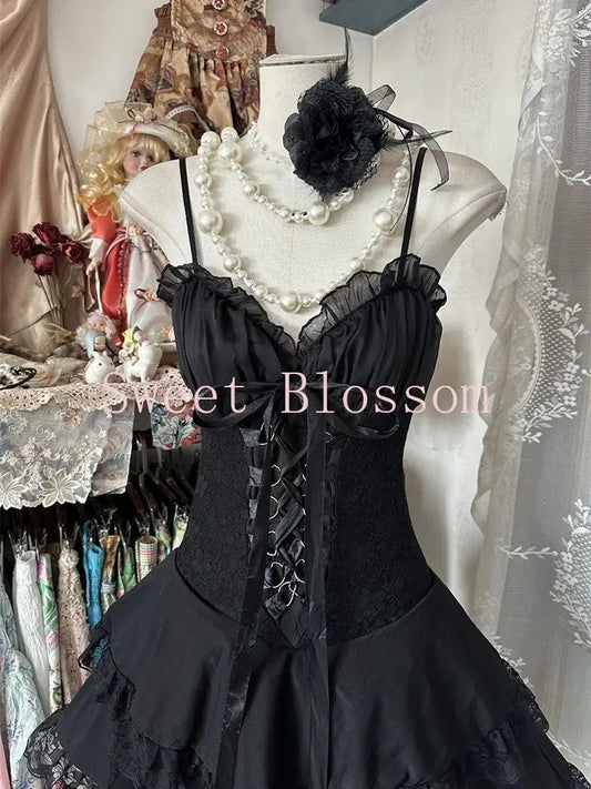 Dark Academia Gothic Black Suspender Dress – Women’s Elegant Retro Slim Party Dress