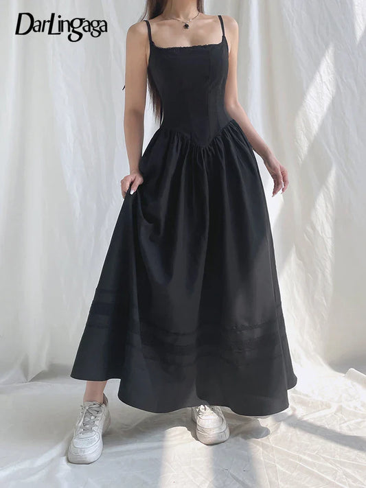 Darlingaga Gothic Grunge Corset Strap Long Dress – Summer Lace Patchwork Dark Academia Maxi Dress