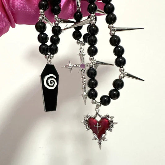 Gothic Jewelry Black Pearl Rivet Cross Pendant Necklace – Heart Rose Coffin Star Grunge Y2K Accessories