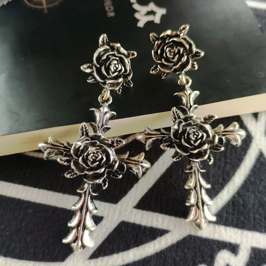 Dark Gothic Black Rose Flower Drop Earring for Women – Cross Punk Goth Fashion Jewelry