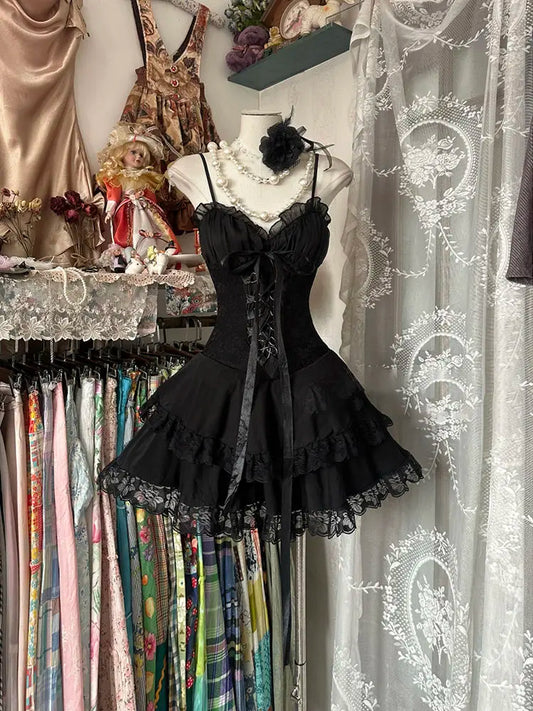 Dark Academia Gothic Black Suspender Dress – Women’s Elegant Retro Slim Party Dress