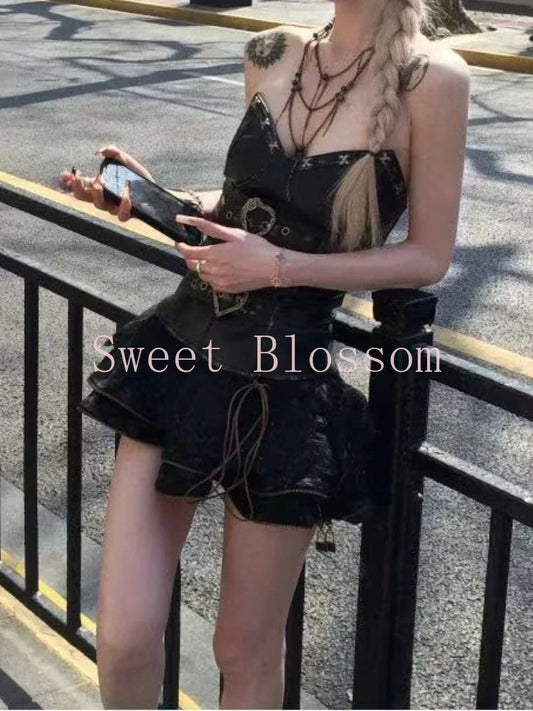 New Punk Gothic Vintage Skirt Chic Outfit – Women’s Dark Academia Streetwear 2-Piece Set