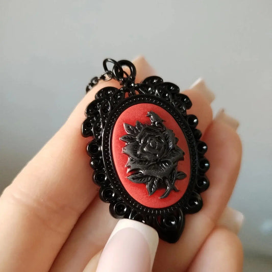 Black Rose Cameo Necklace – Gothic Vintage Pendant Choker for Women & Men