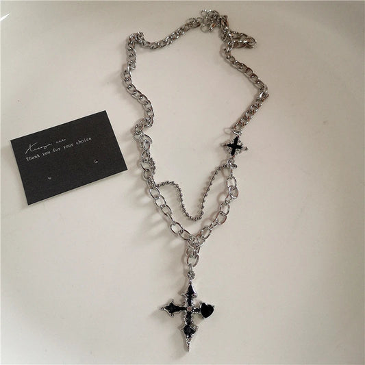 Gothic Trendy Y2K Black Cross Love Heart Pendant Rope Chain Necklace – Fashion Hip Hop Rave Jewelry for Women & Men