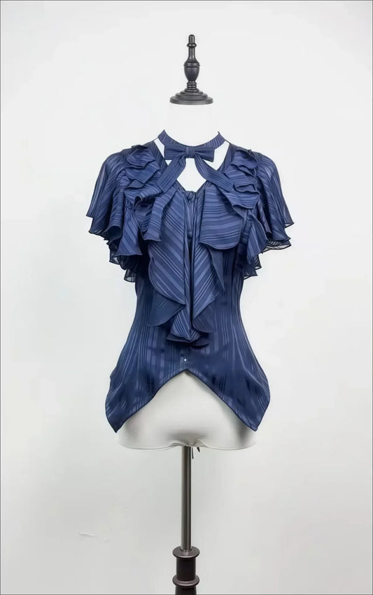 Summer Gothic Darkly Vintage 2-Piece Set for Women – High Street Blue Slim Shirt & Lace Short Skirt