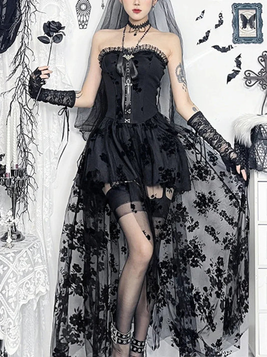 AltGoth Gothic Dark Elegant Dress – Vintage Fairycore Mesh Patchwork Corset Dress for Women