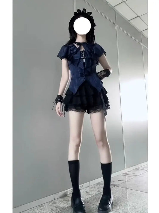 Summer Gothic Darkly Vintage 2-Piece Set for Women – High Street Blue Slim Shirt & Lace Short Skirt