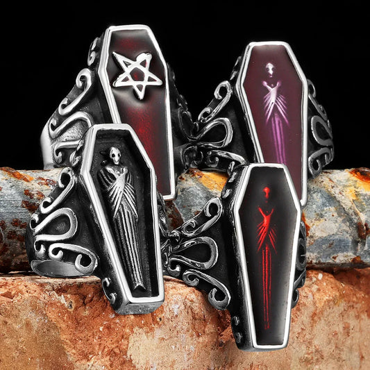 Gothic Mummy Vampire Coffin Rings – Stainless Steel Retro Punk Rock Jewelry for Men & Women