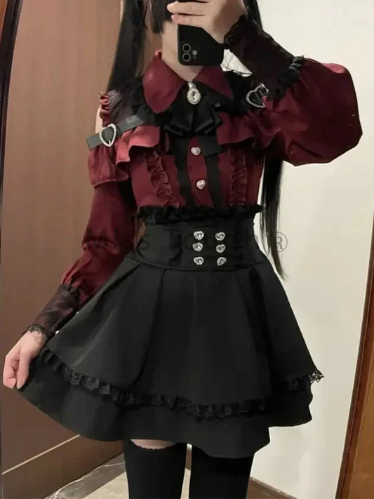 Japanese Lolita Dark Academia Retro 2-Piece Set – Lapel Neck Patchwork Shirt & Y2K High Waist Skirt