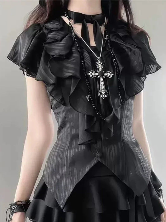 American Gothic Subculture Retro Outfit for Women – Patchwork Shirt + Short Skirt Dark Academia Vintage Summer Suit 2025