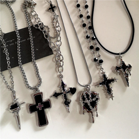 Gothic Trendy Y2K Black Cross Love Heart Pendant Rope Chain Necklace – Fashion Hip Hop Rave Jewelry for Women & Men