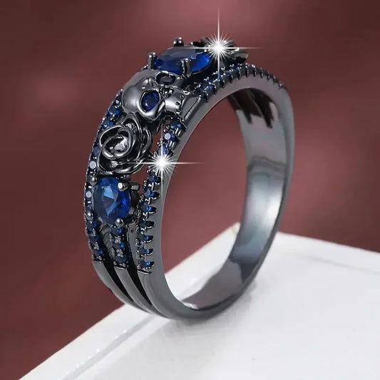 Retro Punk Skull Flower Ring – Gun Black Electroplated with Red, Blue, Green Zircon