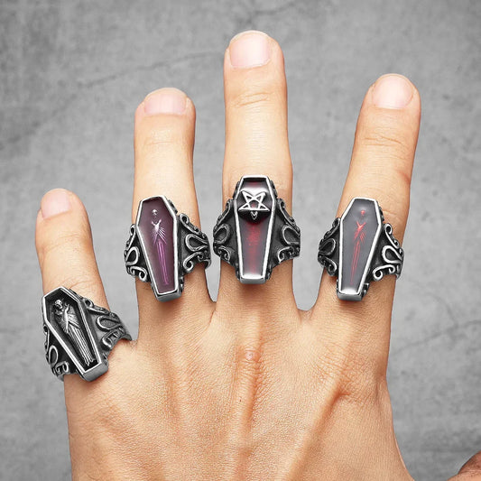Gothic Mummy Vampire Coffin Rings – Stainless Steel Retro Punk Rock Jewelry for Men & Women